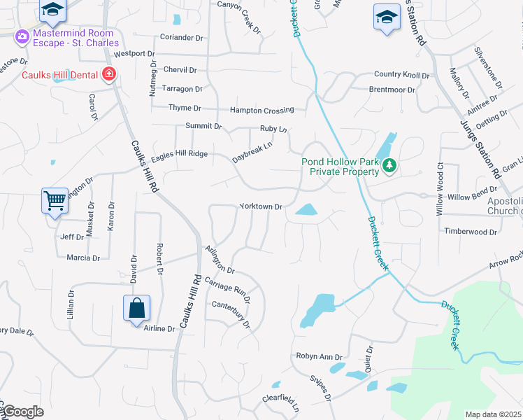 map of restaurants, bars, coffee shops, grocery stores, and more near 1224 Yorktown Drive in Saint Charles