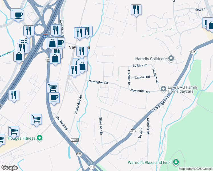 map of restaurants, bars, coffee shops, grocery stores, and more near 8276 Shannons Landing Way in Lorton