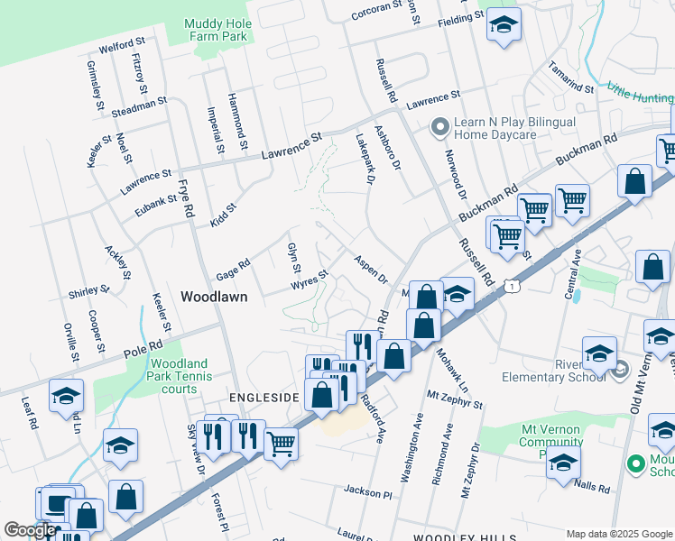 map of restaurants, bars, coffee shops, grocery stores, and more near 8307 Brockham Drive in Alexandria