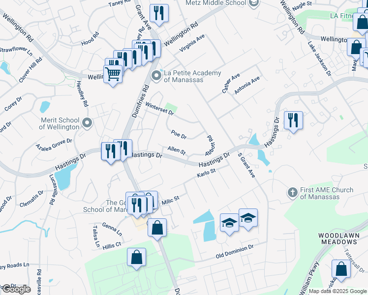 map of restaurants, bars, coffee shops, grocery stores, and more near 9274 Allen Street in Manassas