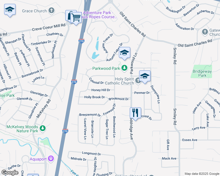 map of restaurants, bars, coffee shops, grocery stores, and more near 12020 Colonial Drive in Maryland Heights