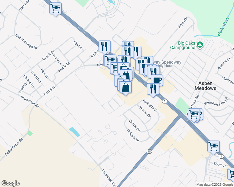 map of restaurants, bars, coffee shops, grocery stores, and more near 34986 Midway Outlet Drive in Rehoboth Beach