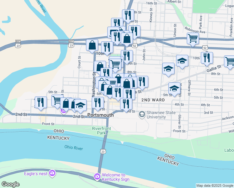map of restaurants, bars, coffee shops, grocery stores, and more near 839 Gallia Street in Portsmouth