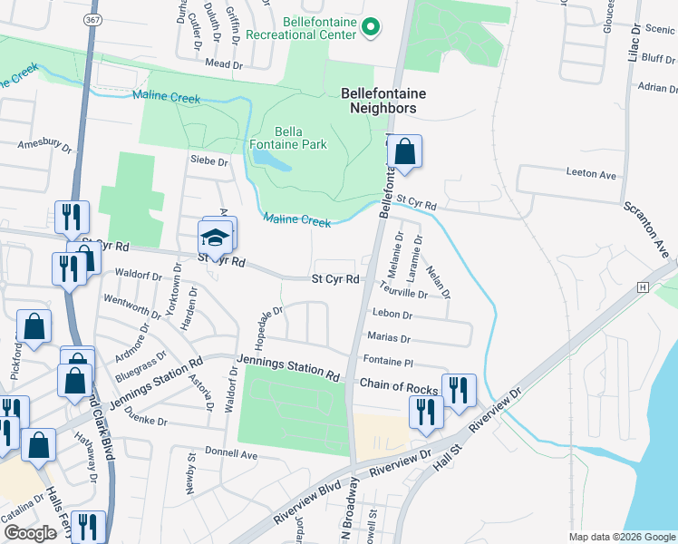 map of restaurants, bars, coffee shops, grocery stores, and more near 1020 Villa Saint Cyr Place in St. Louis