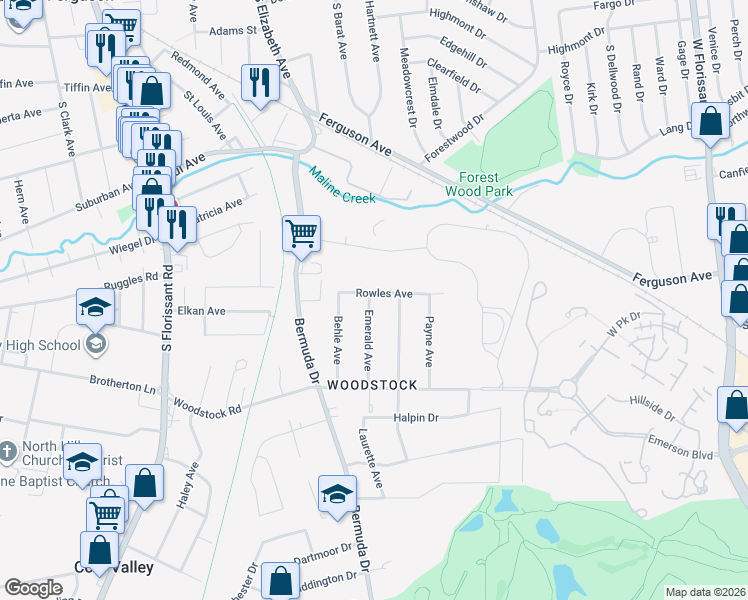 map of restaurants, bars, coffee shops, grocery stores, and more near 7515 Rowles Avenue in Ferguson