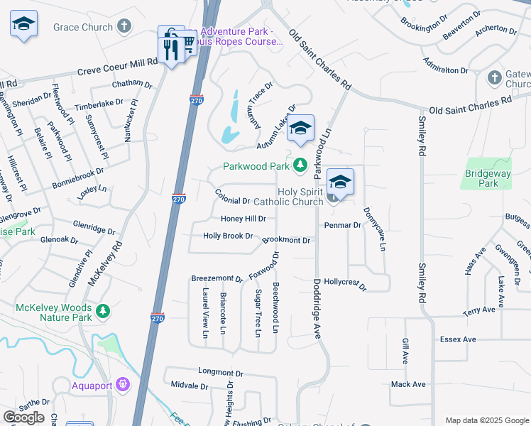 map of restaurants, bars, coffee shops, grocery stores, and more near 12020 Colonial Drive in Maryland Heights