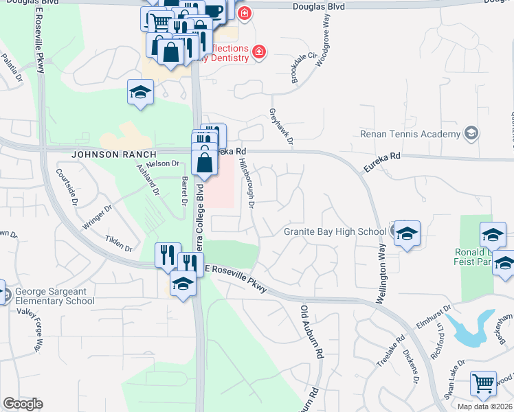 map of restaurants, bars, coffee shops, grocery stores, and more near 2000 Kilpatrick Way in Roseville