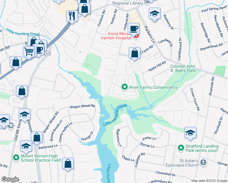 map of restaurants, bars, coffee shops, grocery stores, and more near 2736 Carter Farm Court in Alexandria
