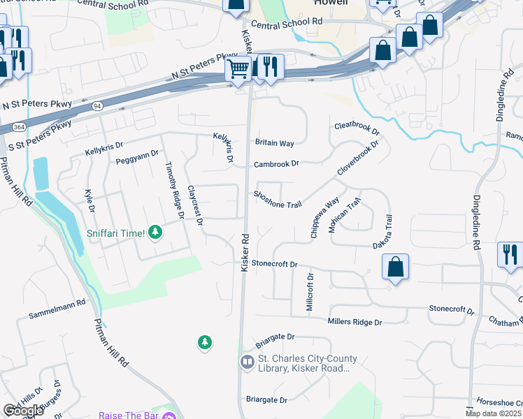 map of restaurants, bars, coffee shops, grocery stores, and more near 4671 Shoshone Trail in Saint Charles