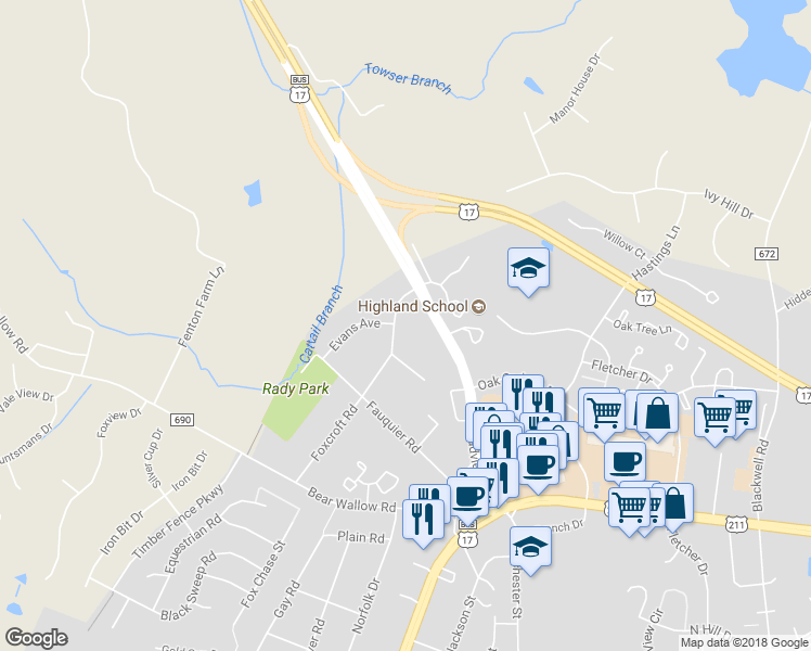 map of restaurants, bars, coffee shops, grocery stores, and more near 633 Foxcroft Road in Warrenton