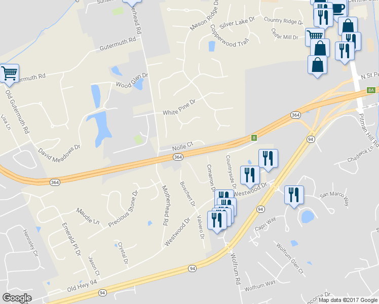 map of restaurants, bars, coffee shops, grocery stores, and more near Missouri 364 in Cottleville