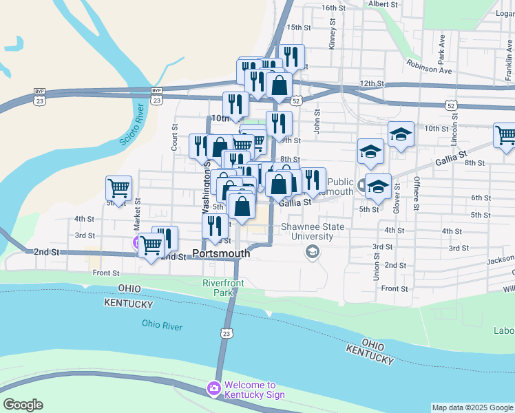 map of restaurants, bars, coffee shops, grocery stores, and more near 820 Gallia Street in Portsmouth