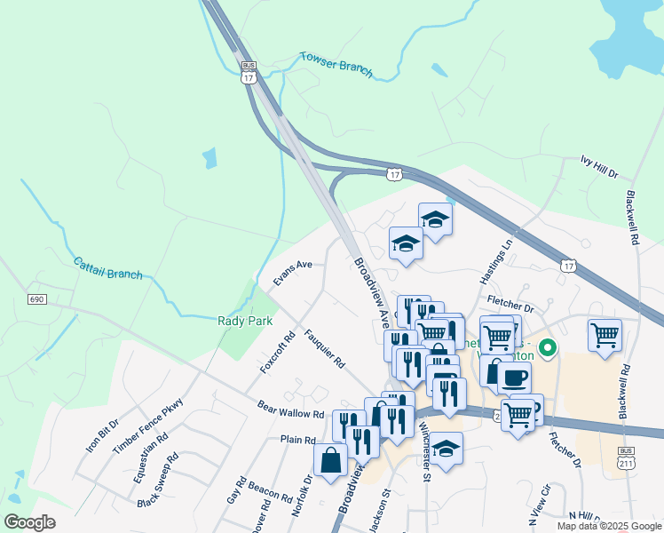 map of restaurants, bars, coffee shops, grocery stores, and more near 633 Foxcroft Road in Warrenton