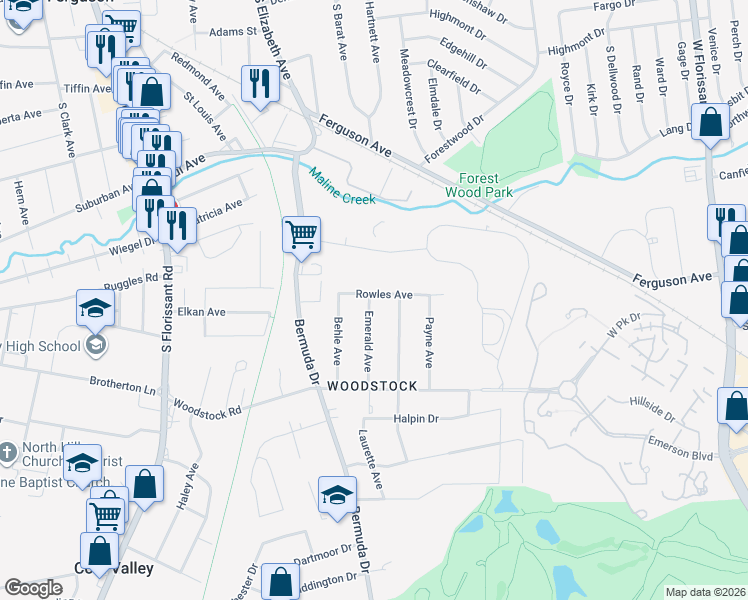 map of restaurants, bars, coffee shops, grocery stores, and more near 7515 Rowles Avenue in Ferguson