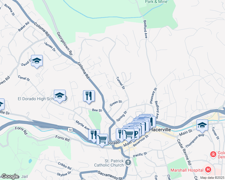 map of restaurants, bars, coffee shops, grocery stores, and more near 2788 Manor Drive in Placerville