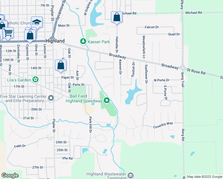 map of restaurants, bars, coffee shops, grocery stores, and more near 1601 Paradise Drive in Highland