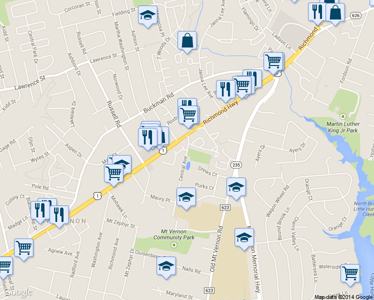 map of restaurants, bars, coffee shops, grocery stores, and more near Central Ave & Mary Evelyn Way in Alexandria