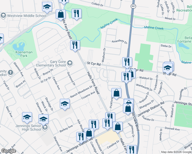 map of restaurants, bars, coffee shops, grocery stores, and more near 1 Hensley Terrace in Jennings