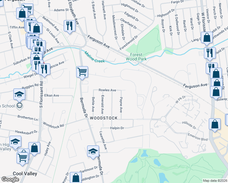 map of restaurants, bars, coffee shops, grocery stores, and more near 7485 Rowles Avenue in Ferguson