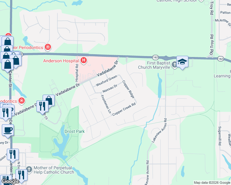 map of restaurants, bars, coffee shops, grocery stores, and more near 2332 Holiday Lane in Maryville