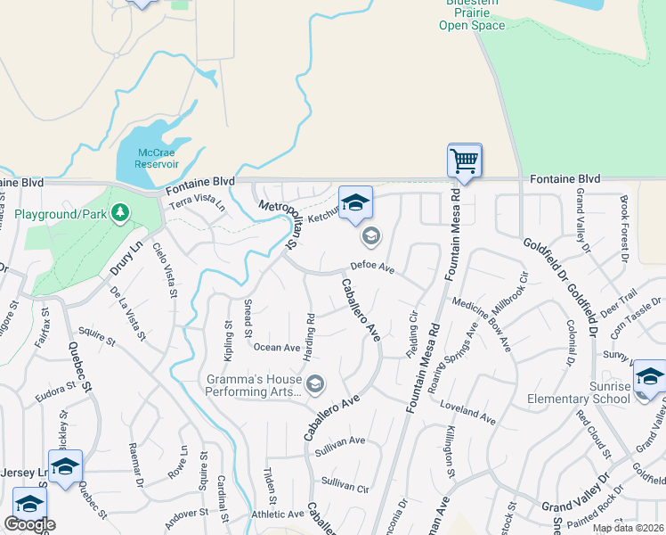 map of restaurants, bars, coffee shops, grocery stores, and more near 6645 Defoe Place in Colorado Springs