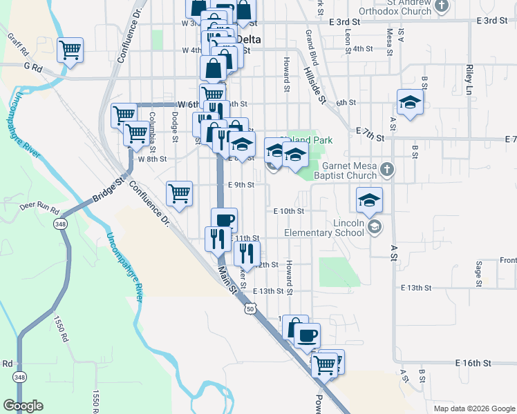 map of restaurants, bars, coffee shops, grocery stores, and more near 946 Meeker Street in Delta