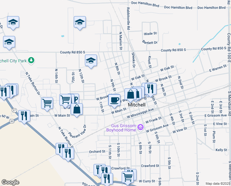 map of restaurants, bars, coffee shops, grocery stores, and more near 400 North 9th Street in Mitchell
