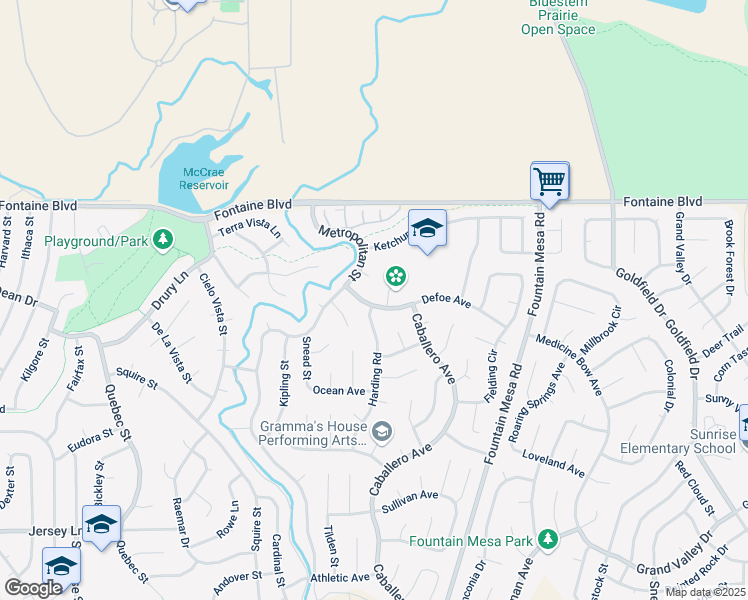 map of restaurants, bars, coffee shops, grocery stores, and more near 6760 Defoe Avenue in Colorado Springs