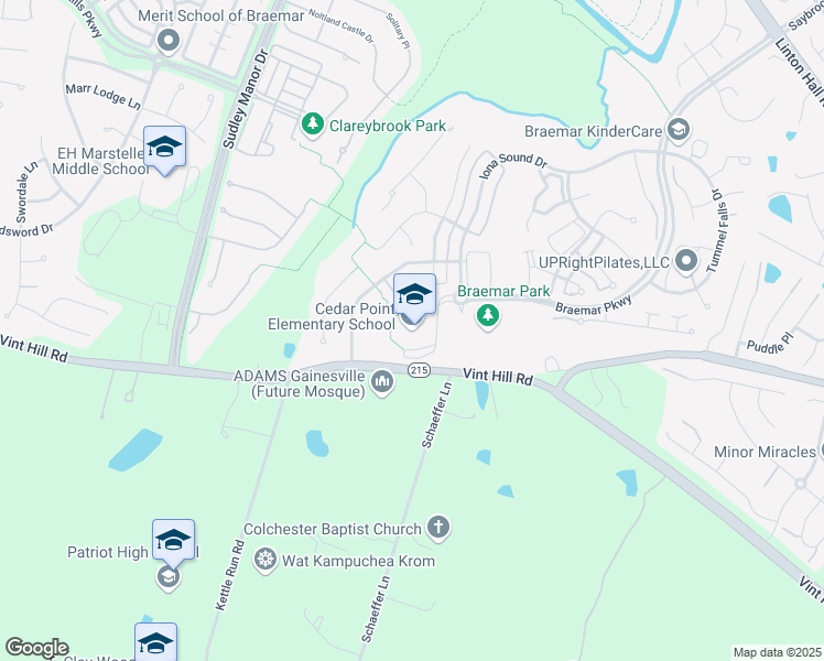 map of restaurants, bars, coffee shops, grocery stores, and more near 12601 Braemar Parkway in Bristow