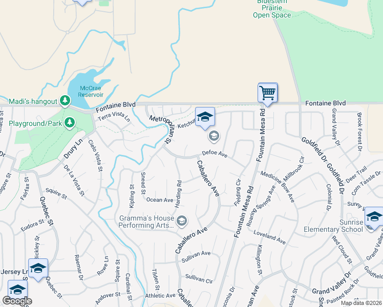 map of restaurants, bars, coffee shops, grocery stores, and more near 6645 Defoe Place in Colorado Springs