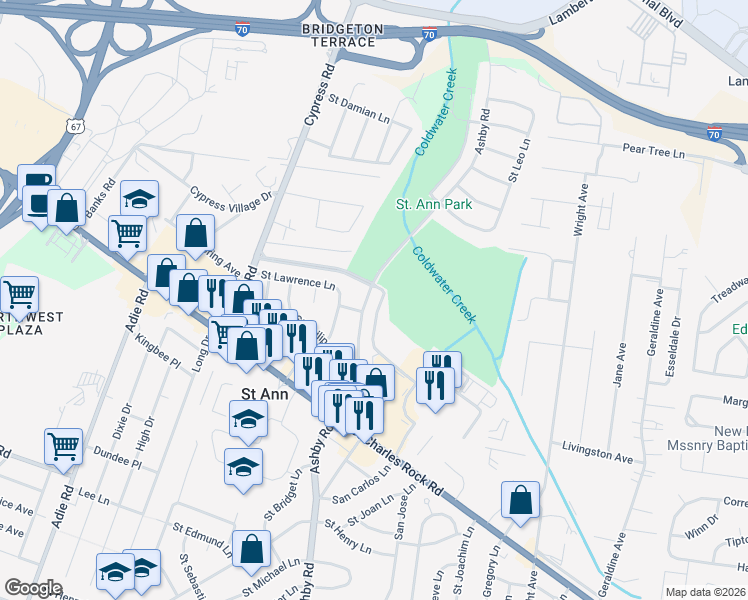 map of restaurants, bars, coffee shops, grocery stores, and more near 4052 Ashby Road in Saint Ann