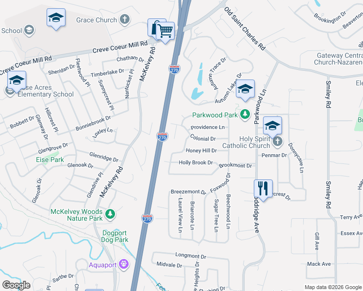 map of restaurants, bars, coffee shops, grocery stores, and more near 2991 Jamestown Drive in Maryland Heights
