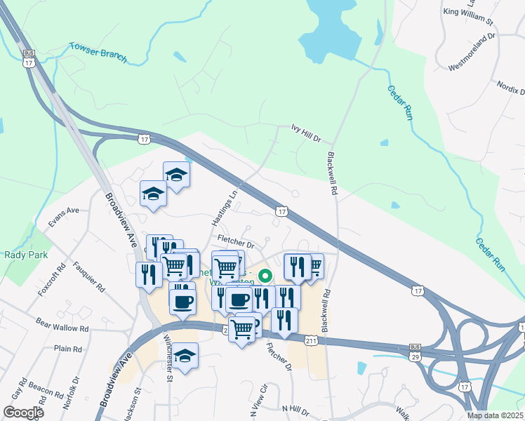 map of restaurants, bars, coffee shops, grocery stores, and more near 121 Split Oak Street in Warrenton