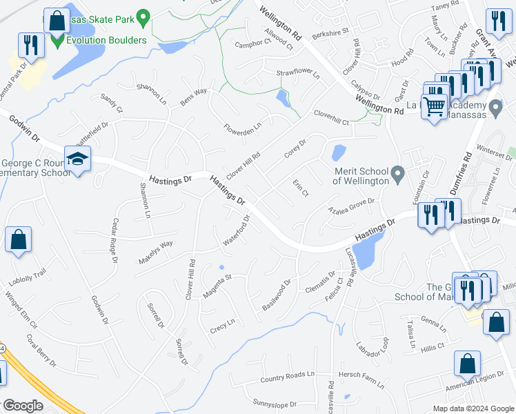 map of restaurants, bars, coffee shops, grocery stores, and more near 9503 Waterford Drive in Manassas