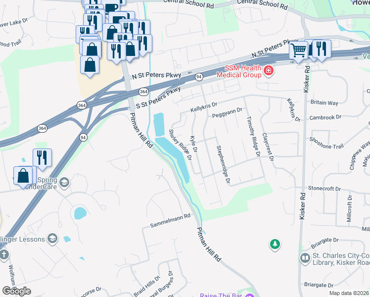 map of restaurants, bars, coffee shops, grocery stores, and more near Shirleyridge Drive in Saint Charles