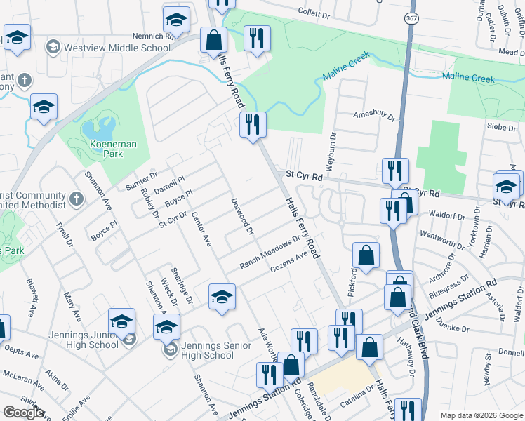 map of restaurants, bars, coffee shops, grocery stores, and more near 9237 Shadydale Drive in Jennings