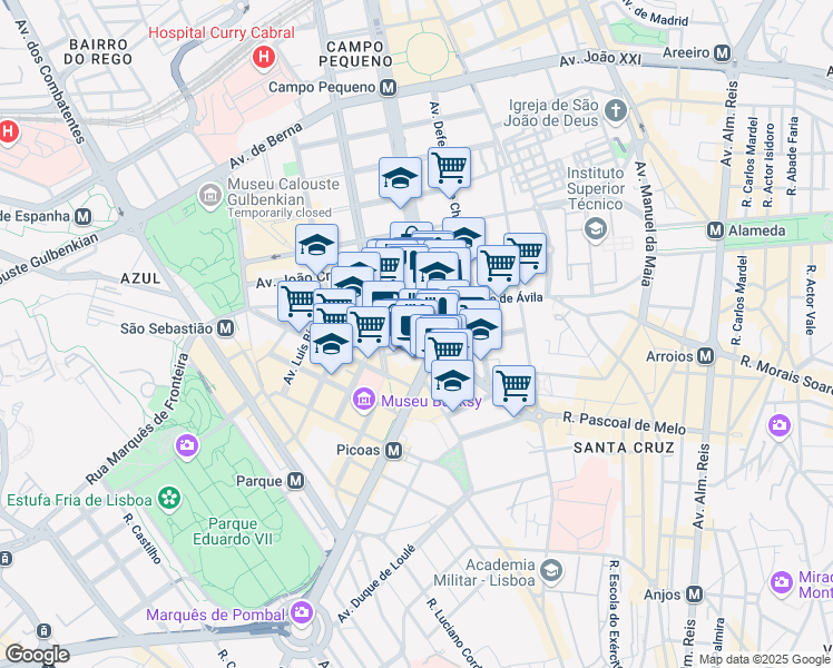 map of restaurants, bars, coffee shops, grocery stores, and more near 31 Praça Duque de Saldanha in Lisboa