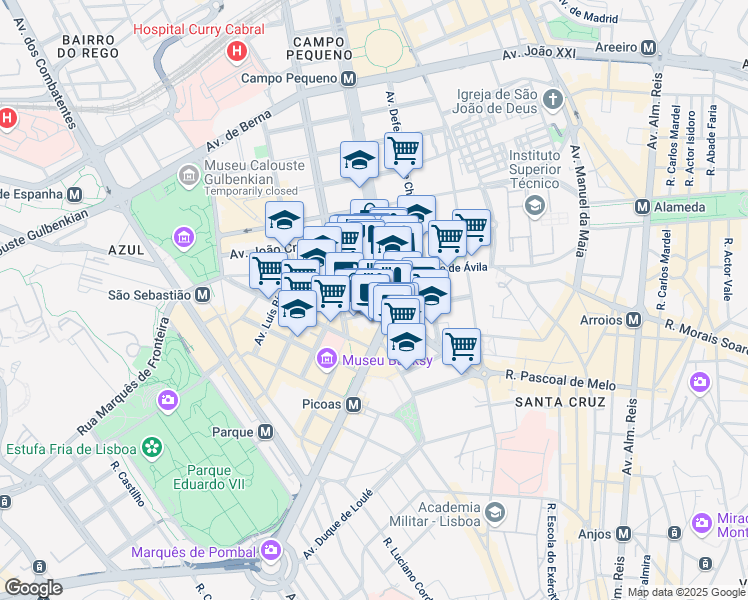 map of restaurants, bars, coffee shops, grocery stores, and more near 31 Praça Duque de Saldanha in Lisboa