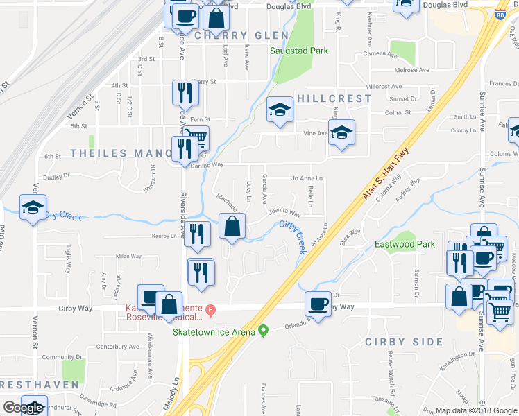 map of restaurants, bars, coffee shops, grocery stores, and more near 714 Garcia Avenue in Roseville