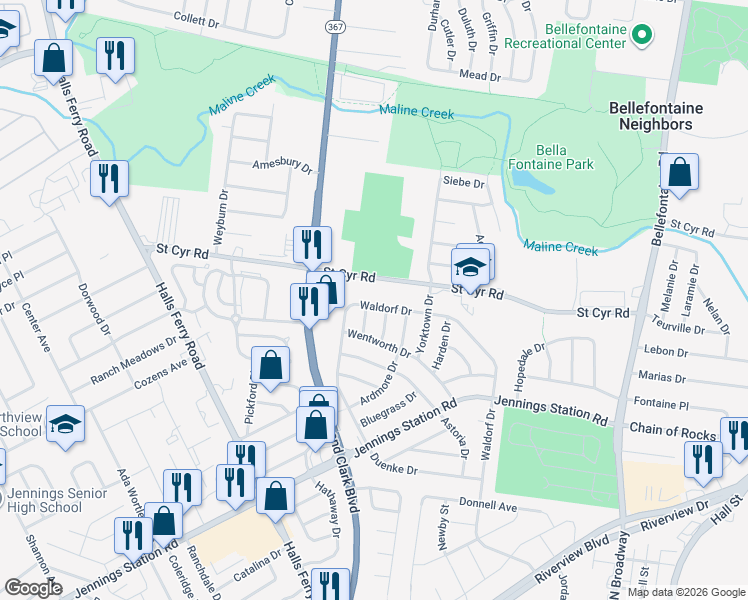 map of restaurants, bars, coffee shops, grocery stores, and more near 1242 Saint Cyr Road in St. Louis