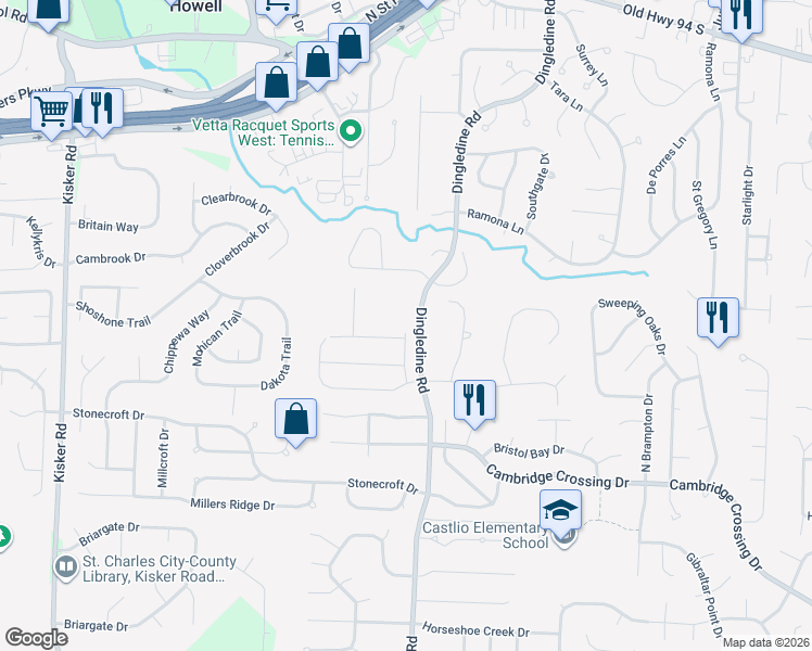 map of restaurants, bars, coffee shops, grocery stores, and more near 1101-1197 Dingledine Road in St. Charles
