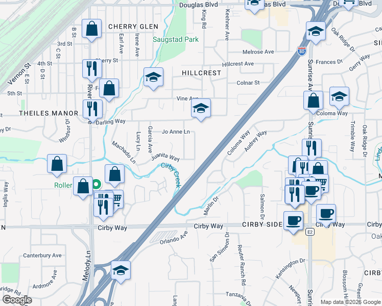 map of restaurants, bars, coffee shops, grocery stores, and more near 711 Belle Lane in Roseville