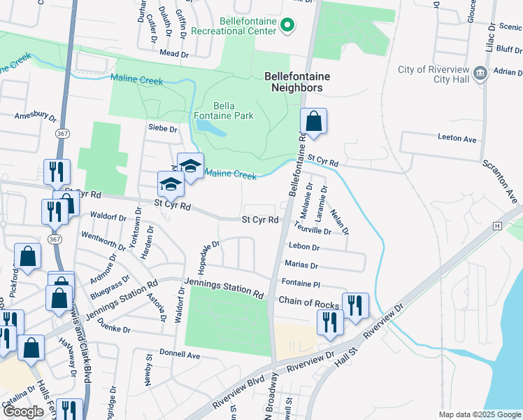 map of restaurants, bars, coffee shops, grocery stores, and more near 1020 Villa Saint Cyr Place in St. Louis