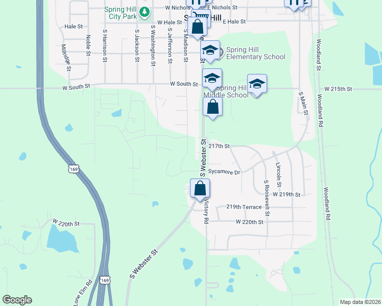 map of restaurants, bars, coffee shops, grocery stores, and more near South Madison Street in Spring Hill