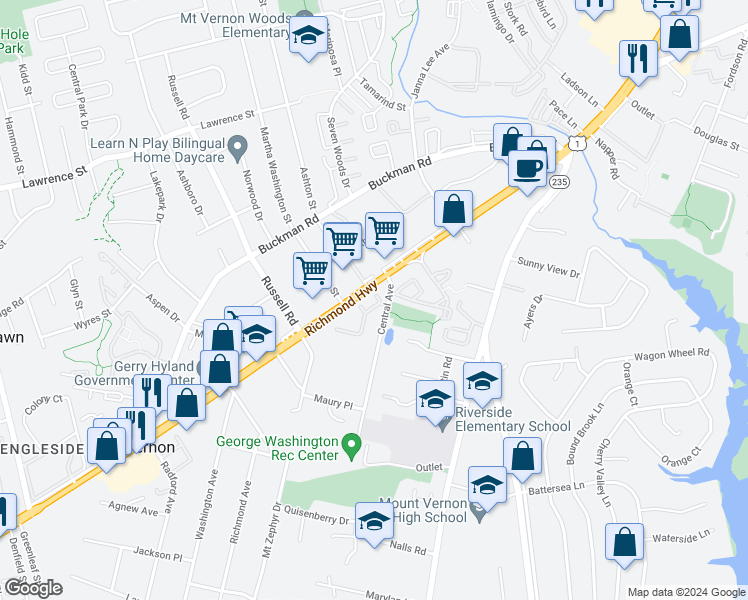map of restaurants, bars, coffee shops, grocery stores, and more near 3740 Mary Evelyn Way in Alexandria