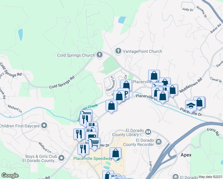 map of restaurants, bars, coffee shops, grocery stores, and more near 2945 Glenwood Lane in Placerville