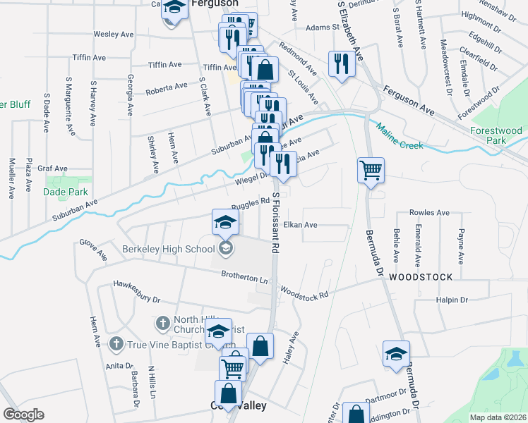 map of restaurants, bars, coffee shops, grocery stores, and more near 801 Elsworth Place in Ferguson