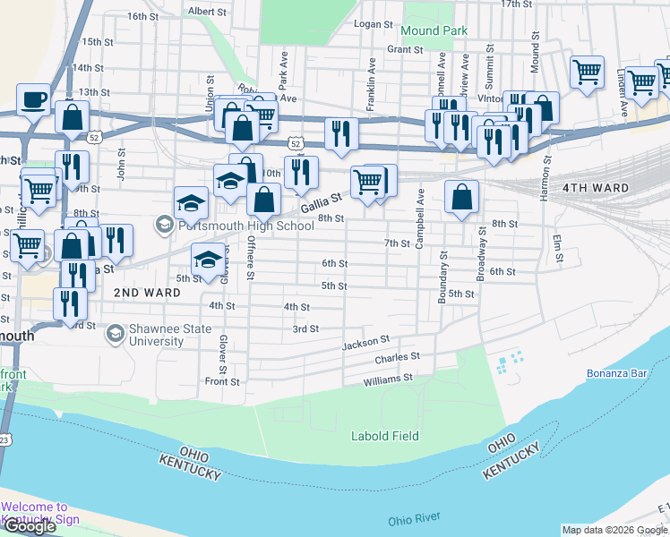 map of restaurants, bars, coffee shops, grocery stores, and more near 1646 6th Street in Portsmouth