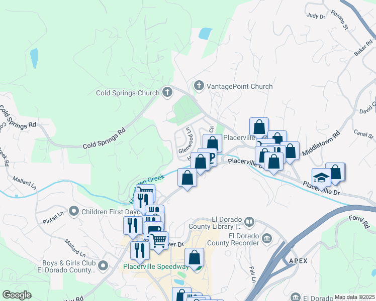 map of restaurants, bars, coffee shops, grocery stores, and more near 2945 Glenwood Lane in Placerville