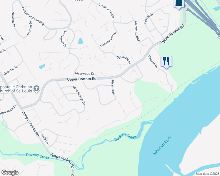 map of restaurants, bars, coffee shops, grocery stores, and more near 21 Lone Eagle Trail in Saint Charles